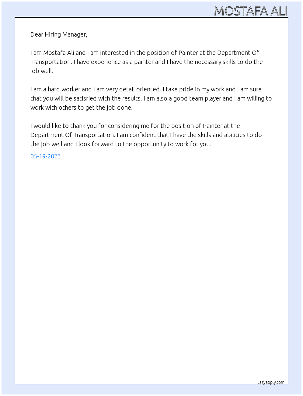 Painter At  Department Of Transportation Cover Letter