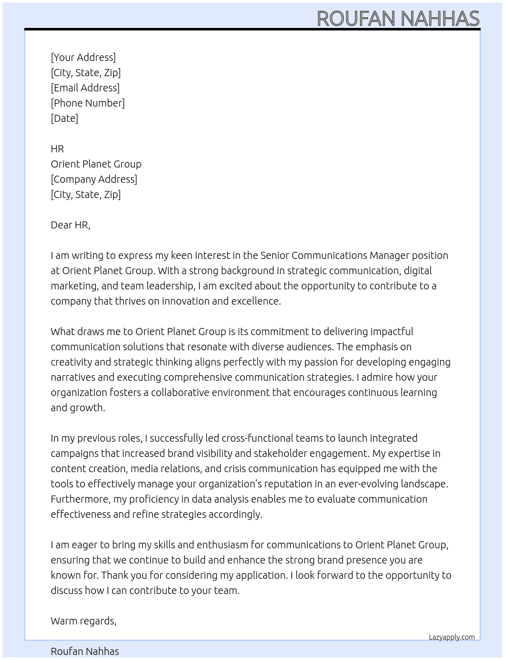 Senior Communications Manager At Orient Planet Group Cover Letter