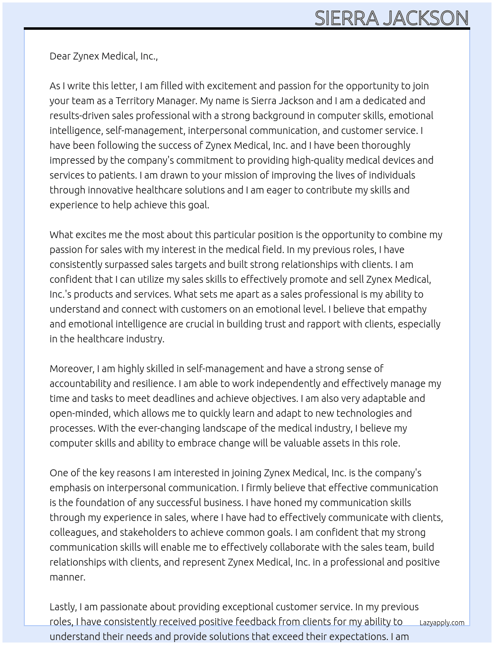 Territory Manager At Zynex Medical, Inc. Cover Letter
