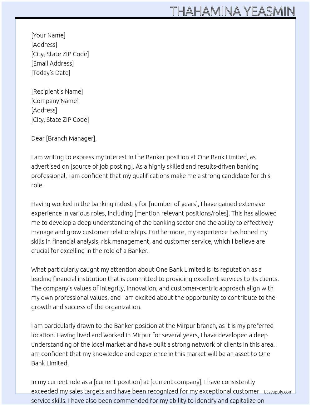 Banker At One bank limited  Cover Letter