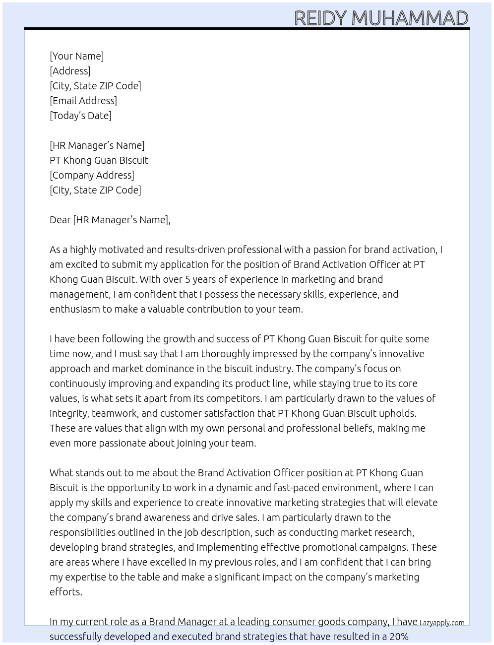 Brand Activation Officer At PT Khong Guan Biscuit Cover Letter