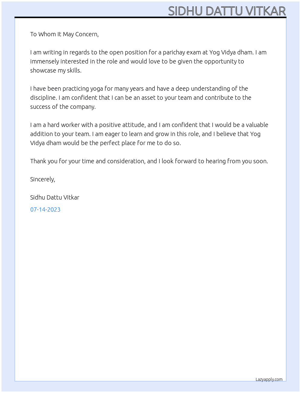 Regarding parichay exam At Yog Vidya dham  Cover Letter