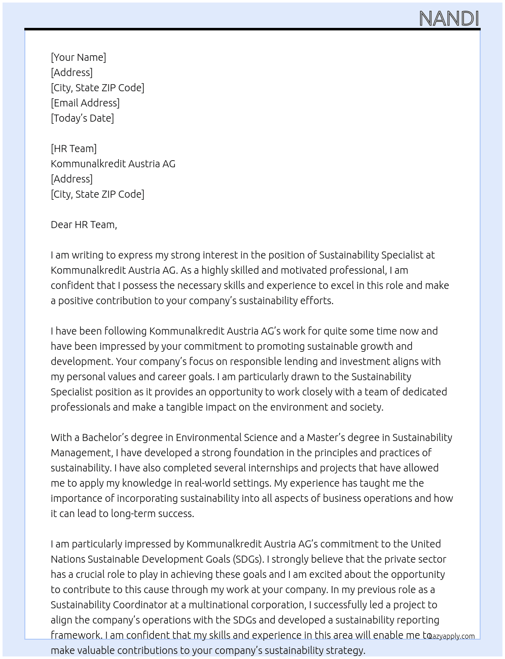 Sustainability Spesialist At Kommunalkredit Austria AG Cover Letter