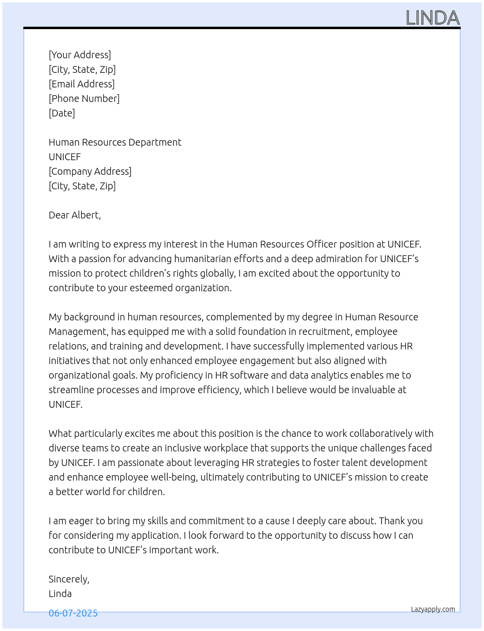 Human Resources Officer At UNICEF Cover Letter