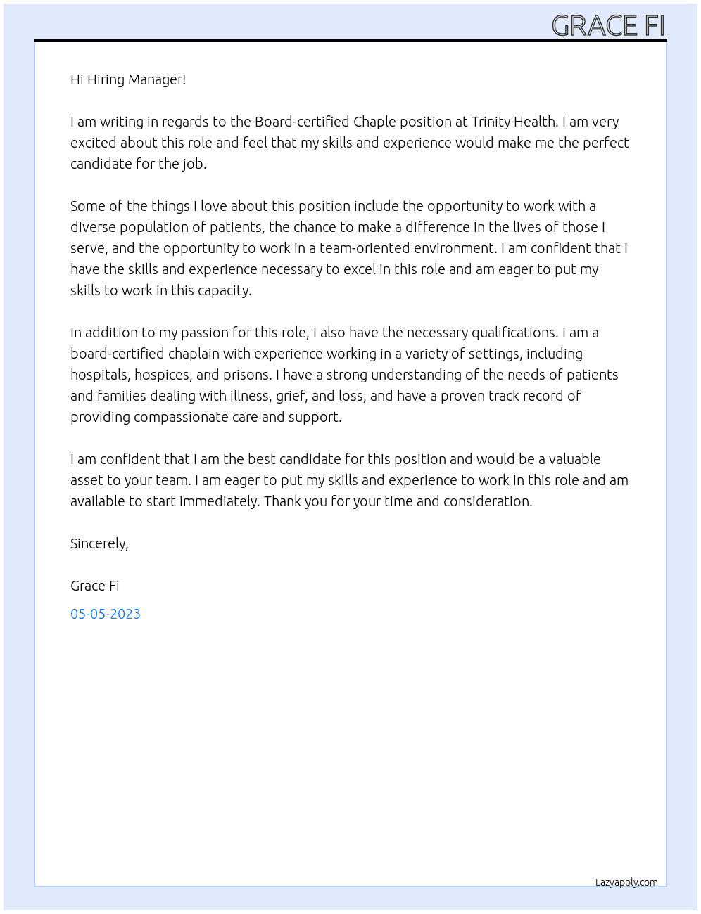 Board-certified Chaple At Trinity Health  Cover Letter