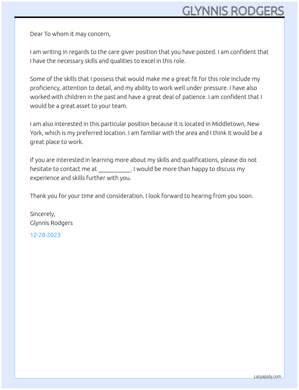 care giver At To whom it may concern  Cover Letter