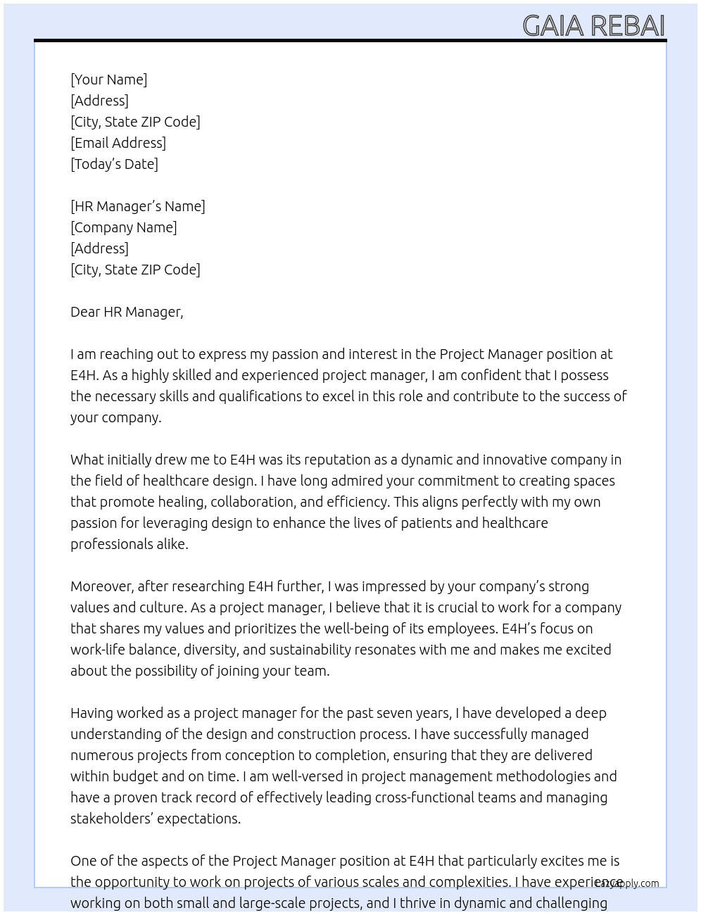 Project Manager At E4H Cover Letter