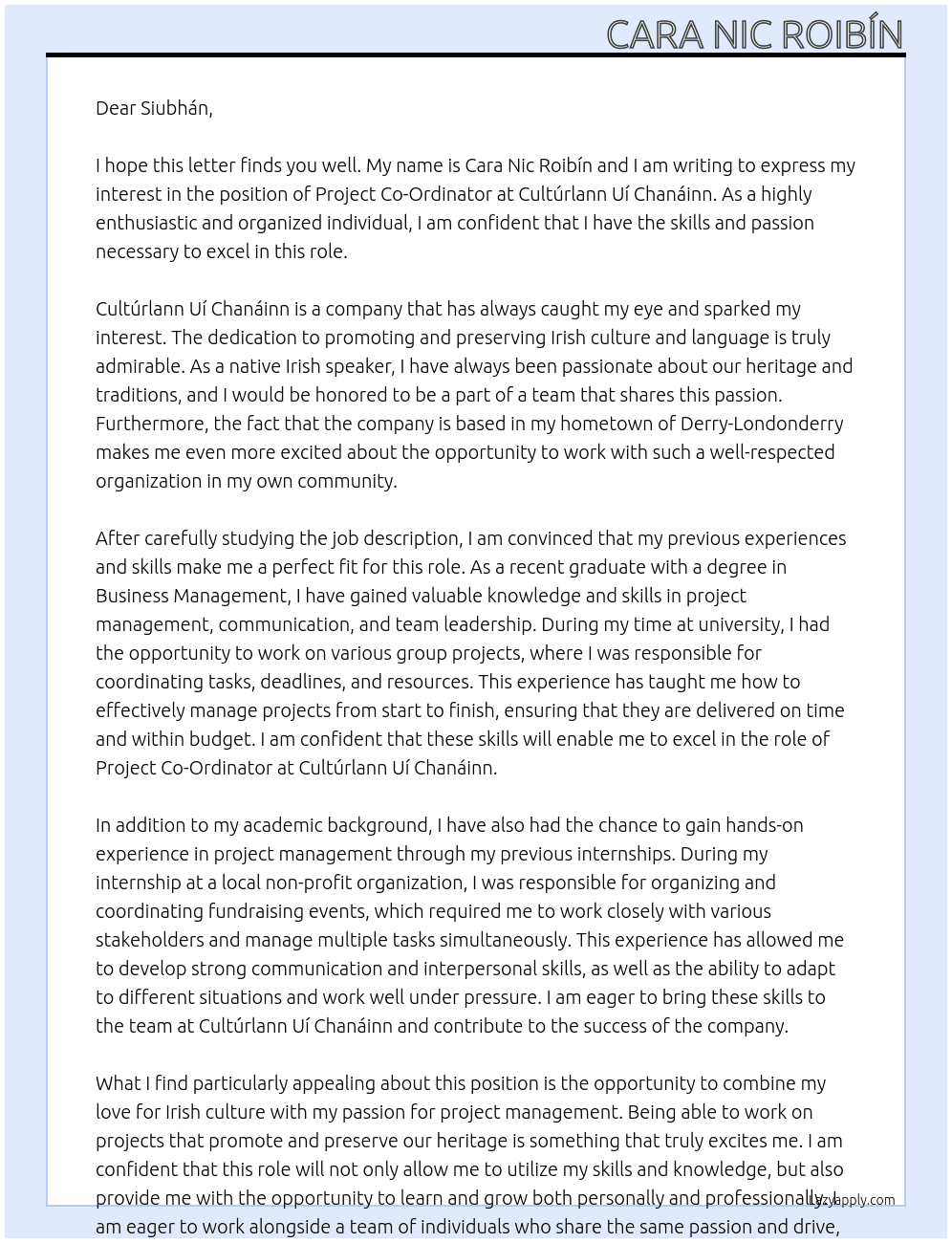 Project Co-Ordinator At Cultúrlann Uí Chanáinn Cover Letter