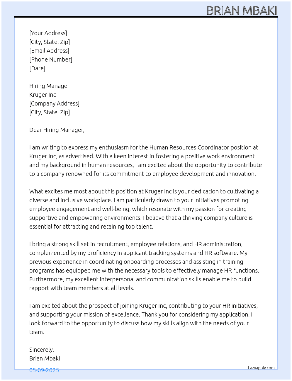 Human Resources Coordinator At Kruger Inc Cover Letter