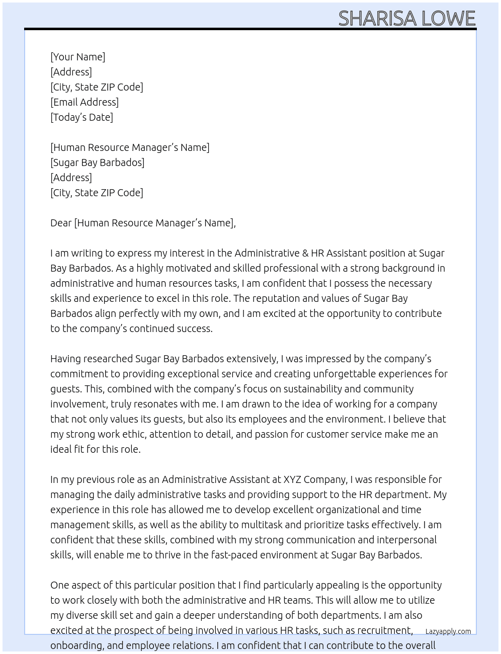 Administrative & HR Assistant At Sugar Bay Barbados Cover Letter