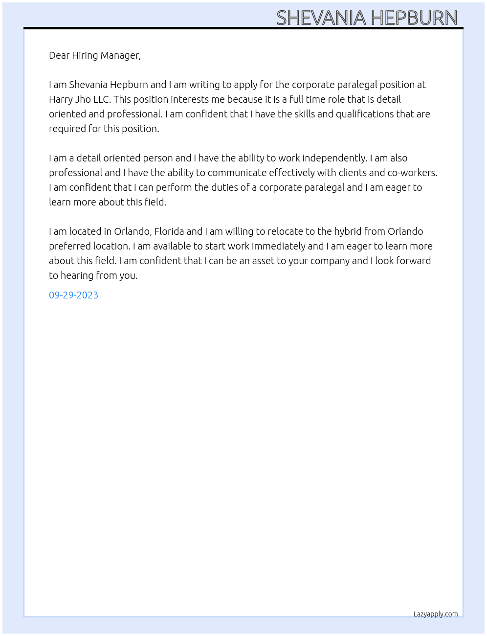 Corporate paralegal  At Harry Jho LLC Cover Letter