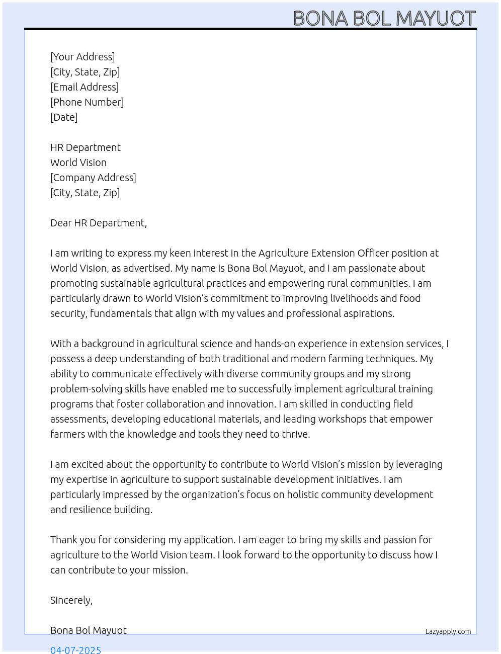 Agriculture extension officer At World Vision  Cover Letter