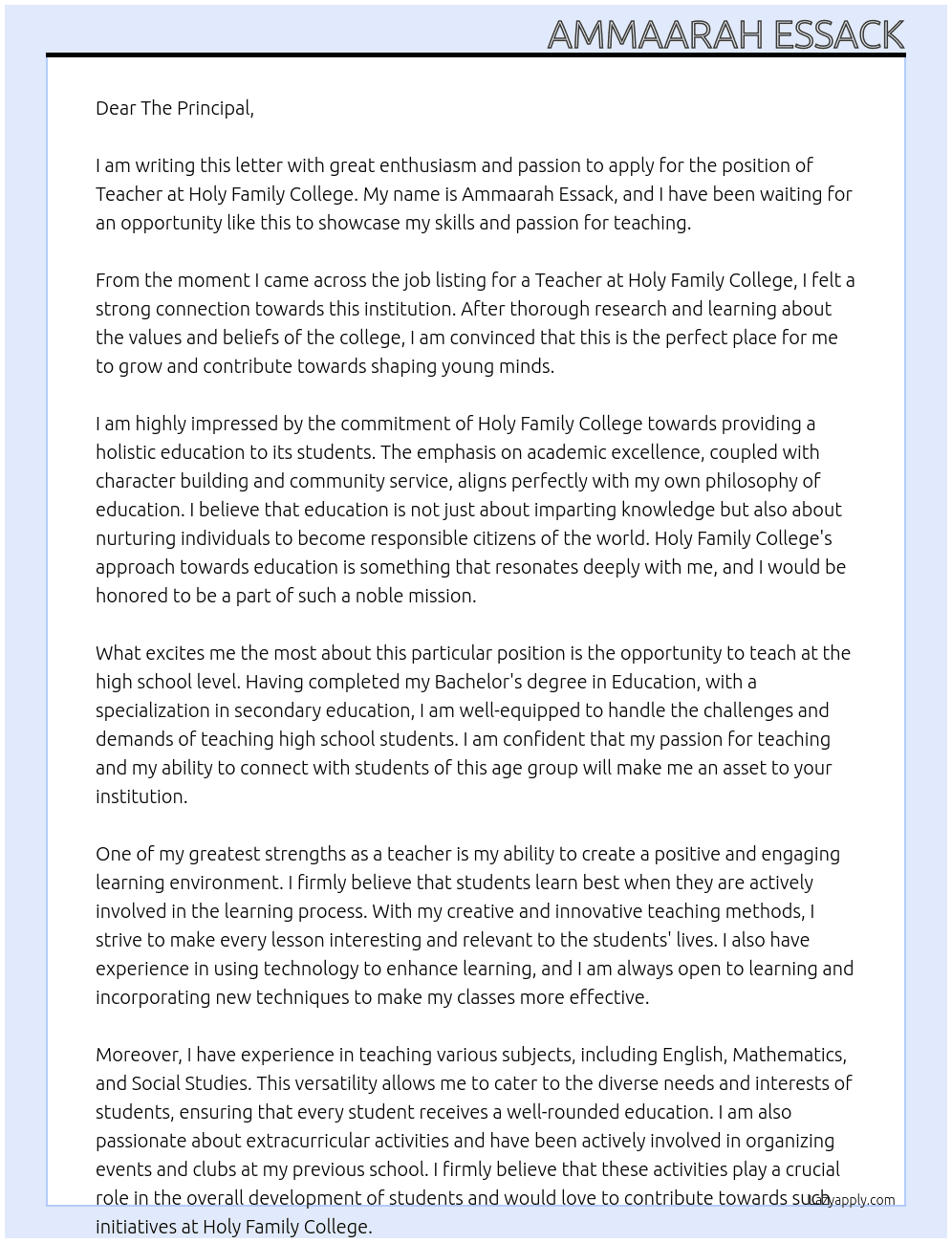 Teacher At Holy Family College Cover Letter