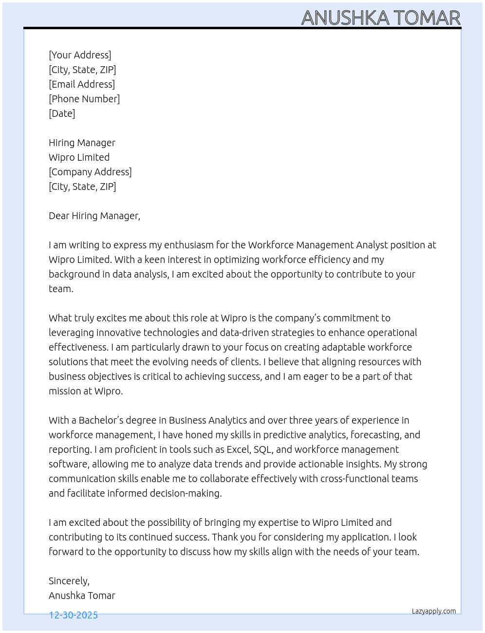 Workforce Management Analyst At Wipro limited  Cover Letter