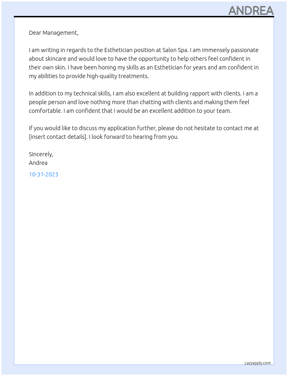 Esthetician  At Salon spa Cover Letter