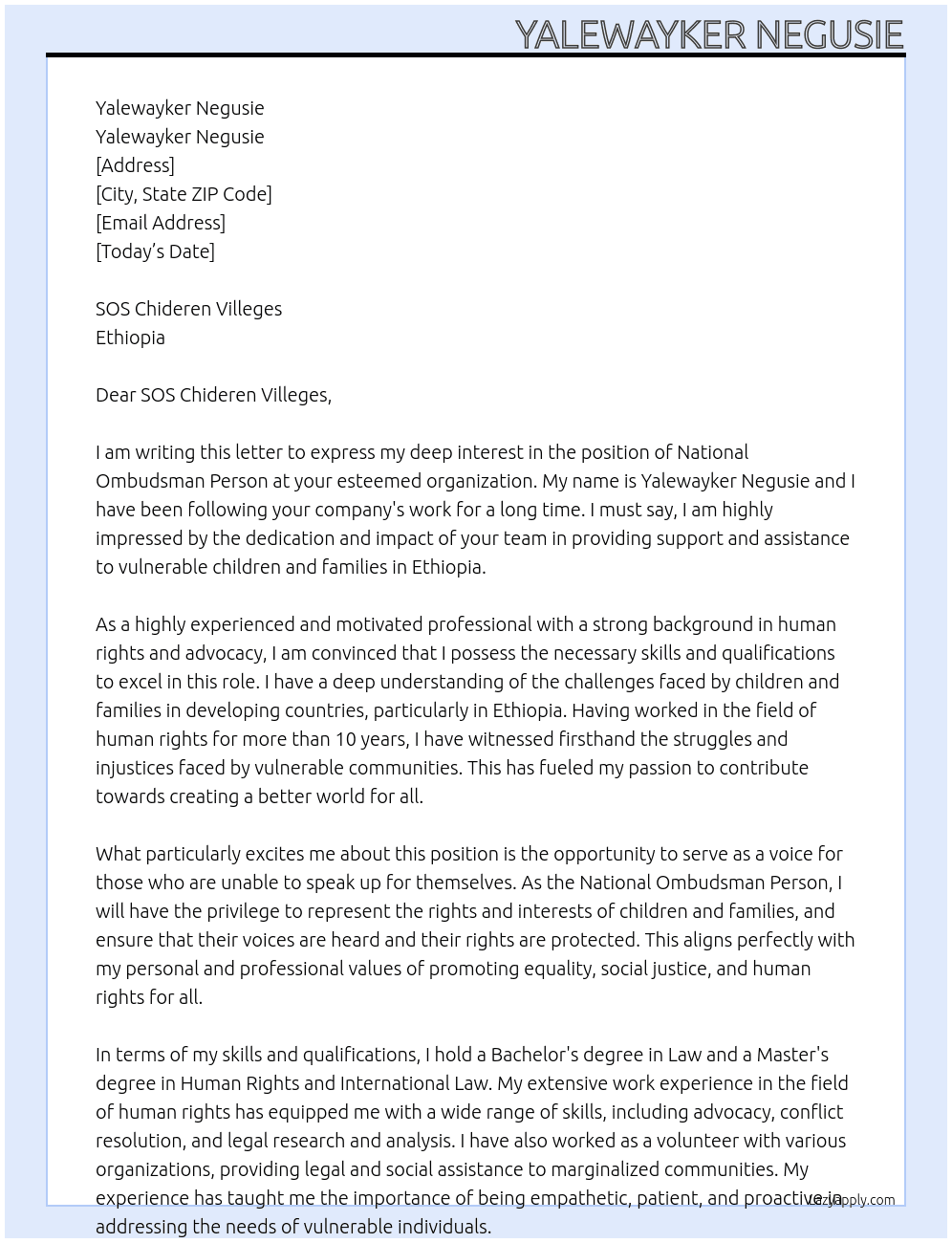 NATIONAL OMBUDES PERSON At Yalewayker Negusie Cover Letter