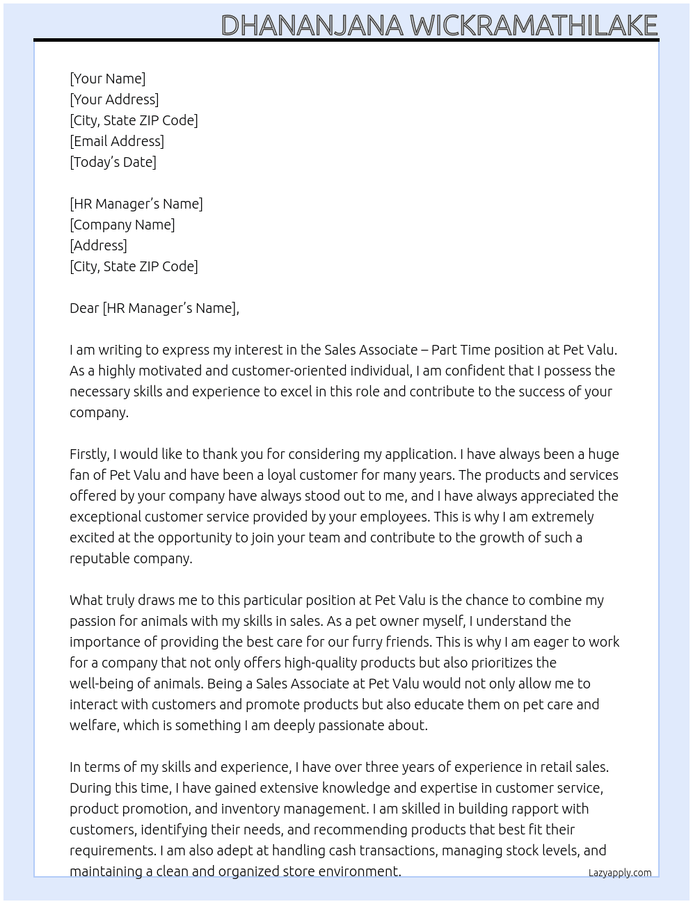 Sales Associate - Part Time At Pet Valu Cover Letter