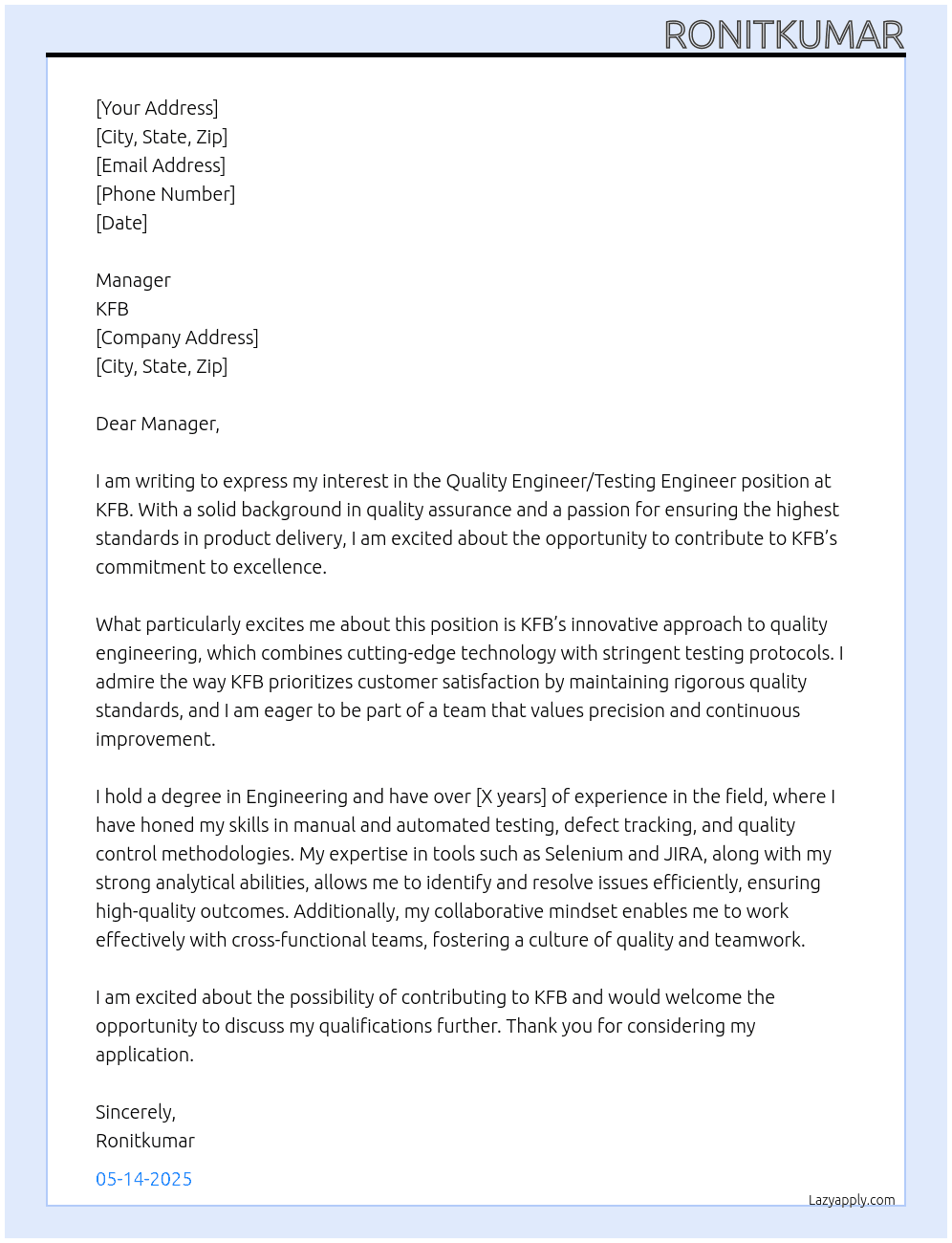 Quality engineer,Testing enginneer At KFB Cover Letter