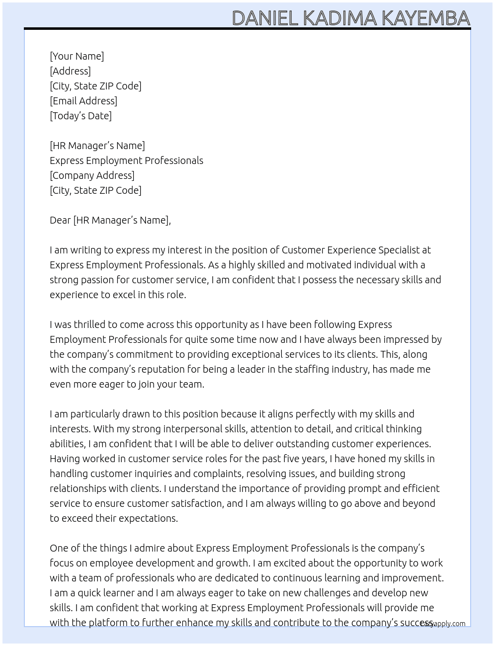 Customer Experience Specialist At Express Employment Professionals Cover Letter