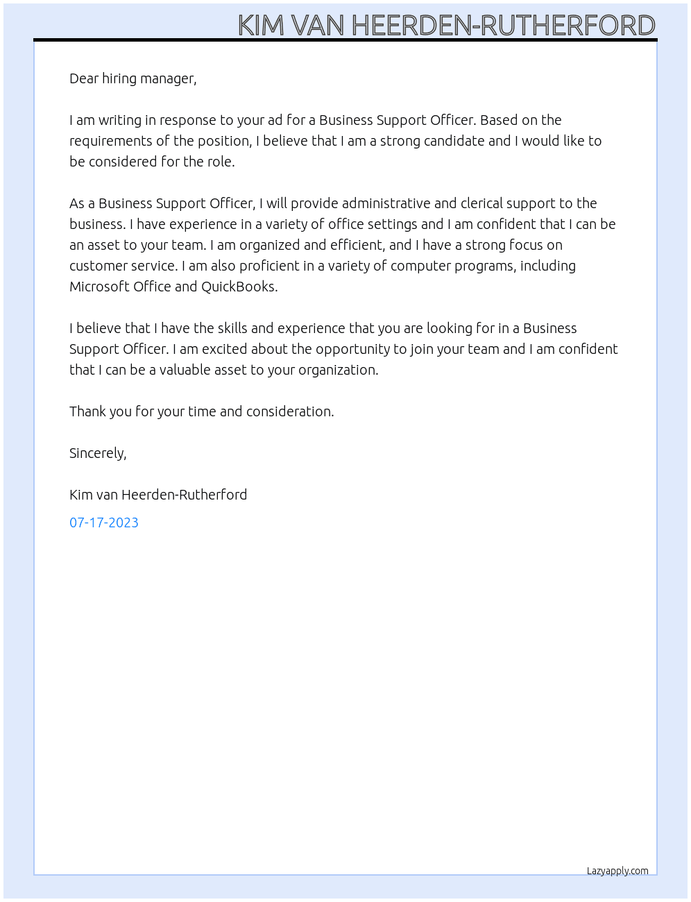 Business Support Officer At Dept Housing Cover Letter