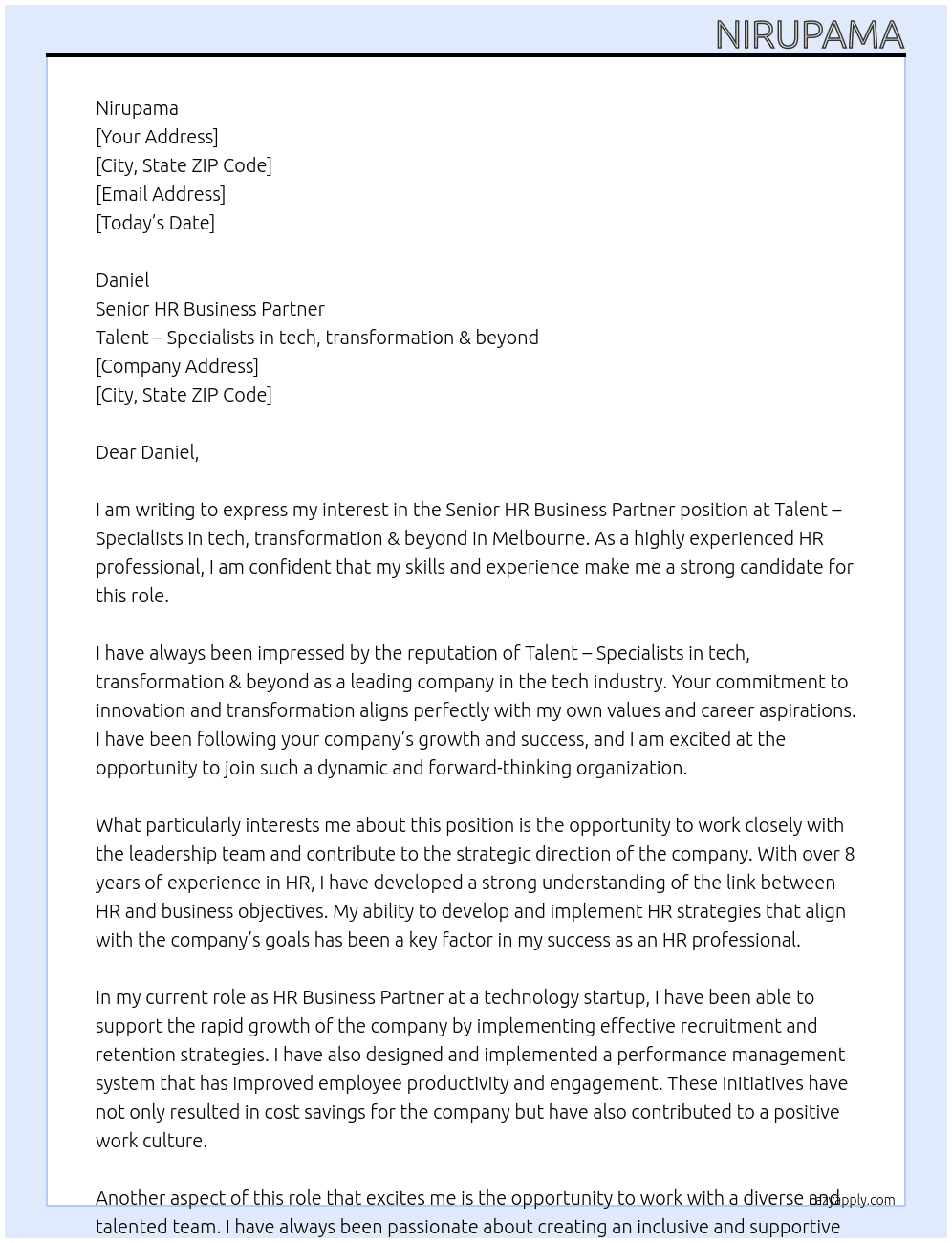 Senior HR Business Partner At Talent – Specialists in tech, transformation & beyond Cover Letter