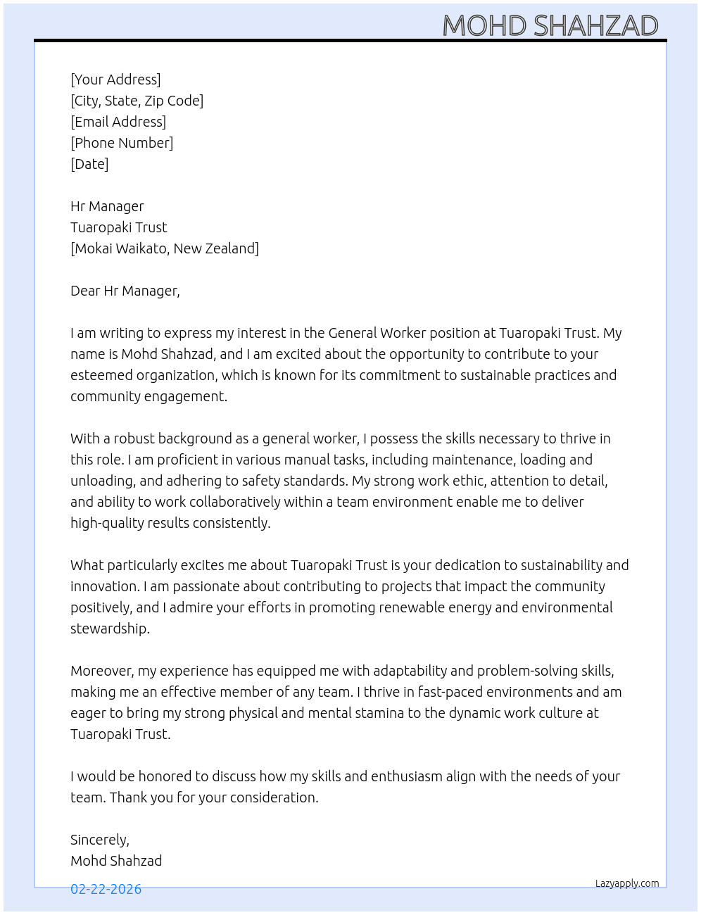 General worker At Tuaropaki Trust Cover Letter