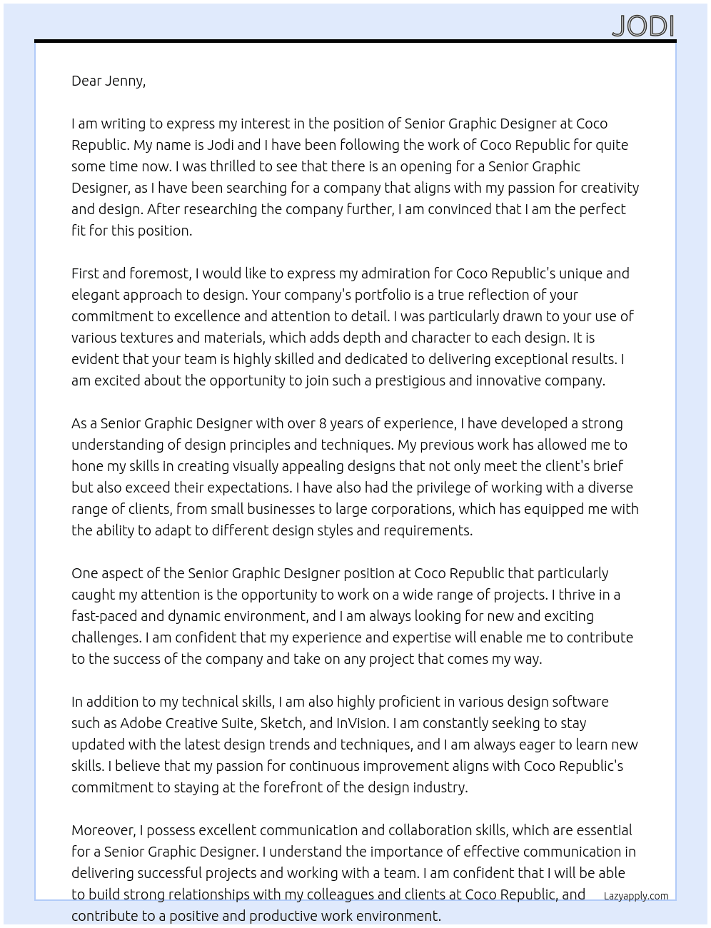 Senior graphic designer At Coco republic Cover Letter