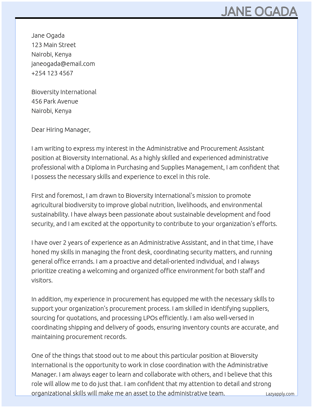 Administrative and Procurement Assistant At Bioversity International Cover Letter
