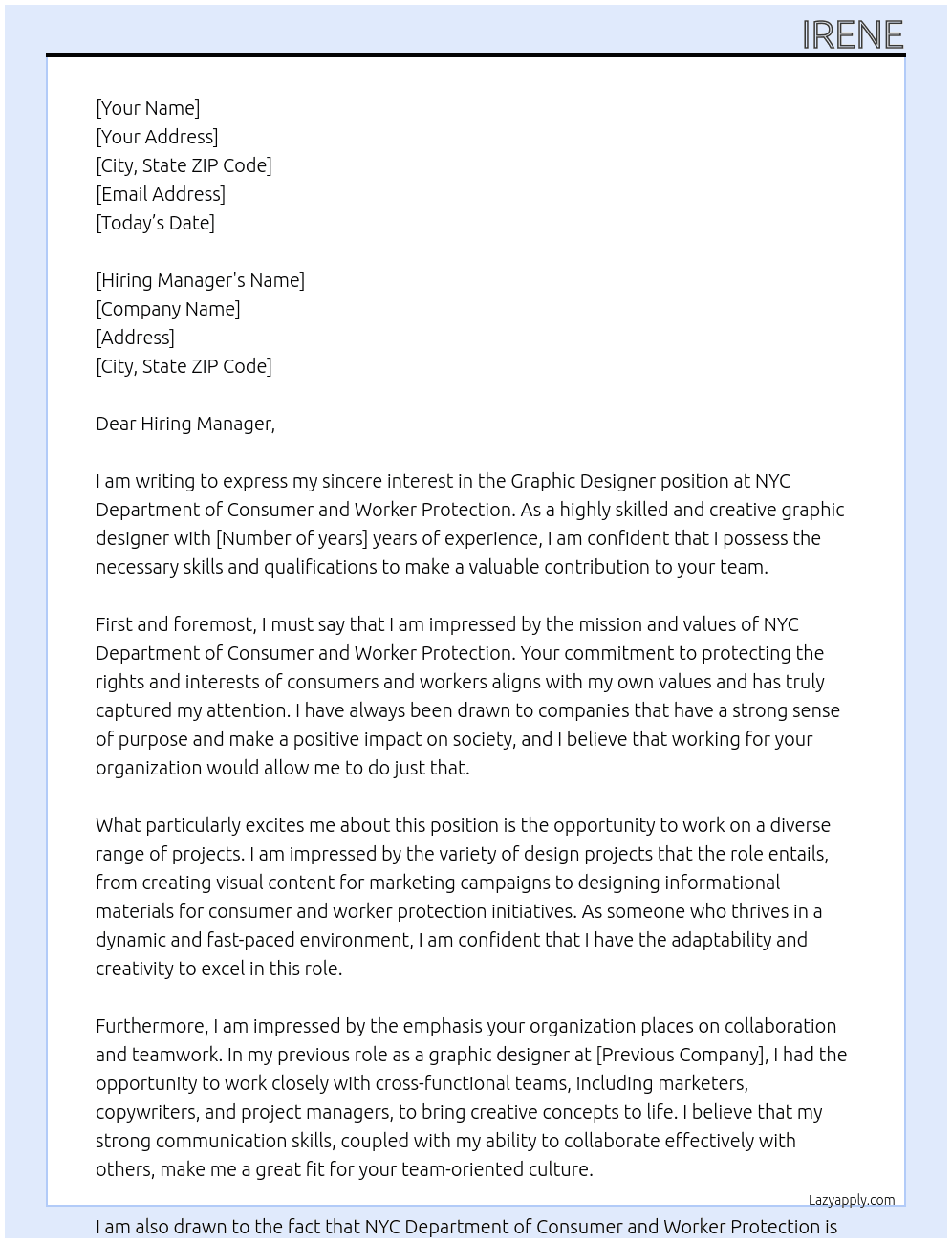 Graphic Designer At NYC Department of Consumer and Worker Protection Cover Letter