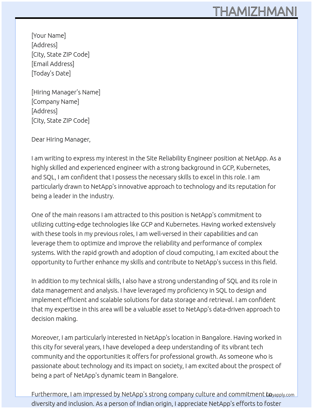  Site Reliability Engineer At NetApp Cover Letter