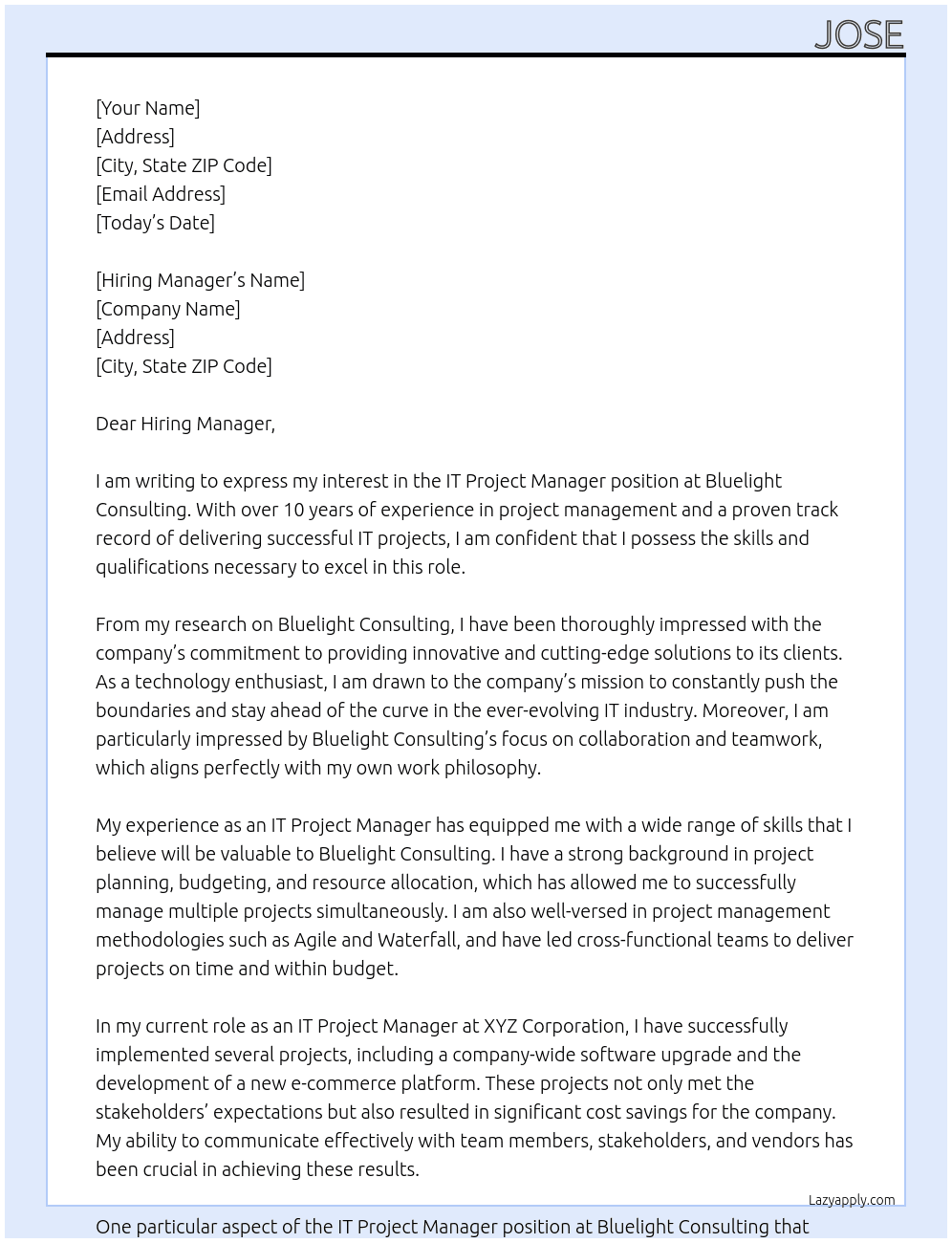 IT Project Manager At Bluelight Consulting Cover Letter