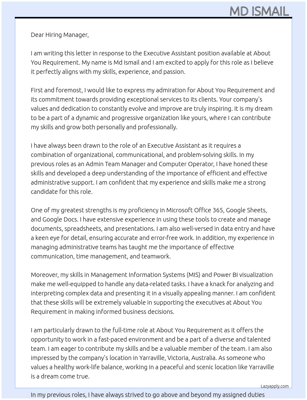 Executive Assistant  At About You Requirment  Cover Letter