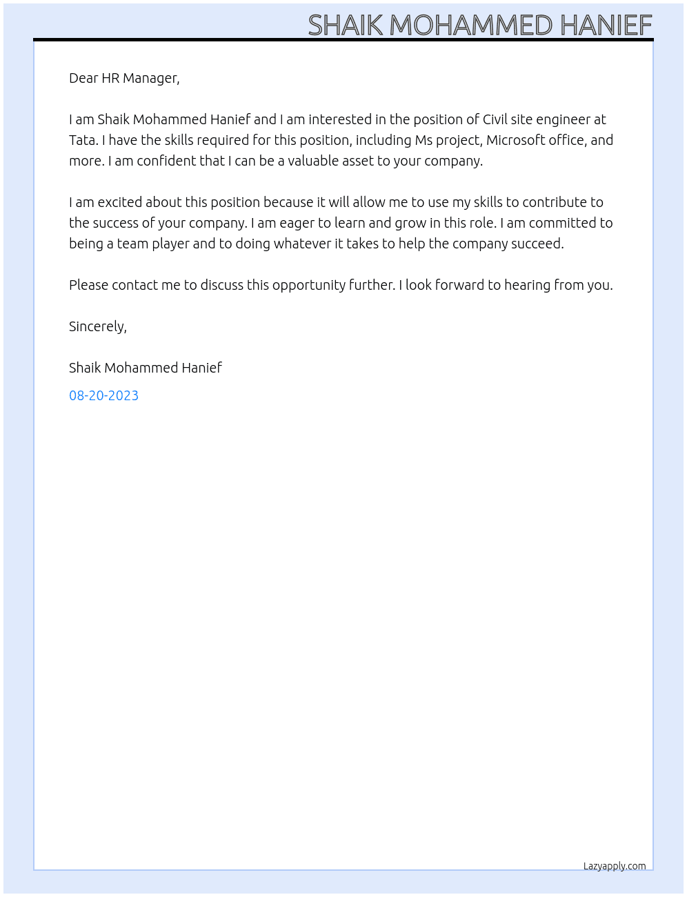 Civil site engineer  At Tata  Cover Letter