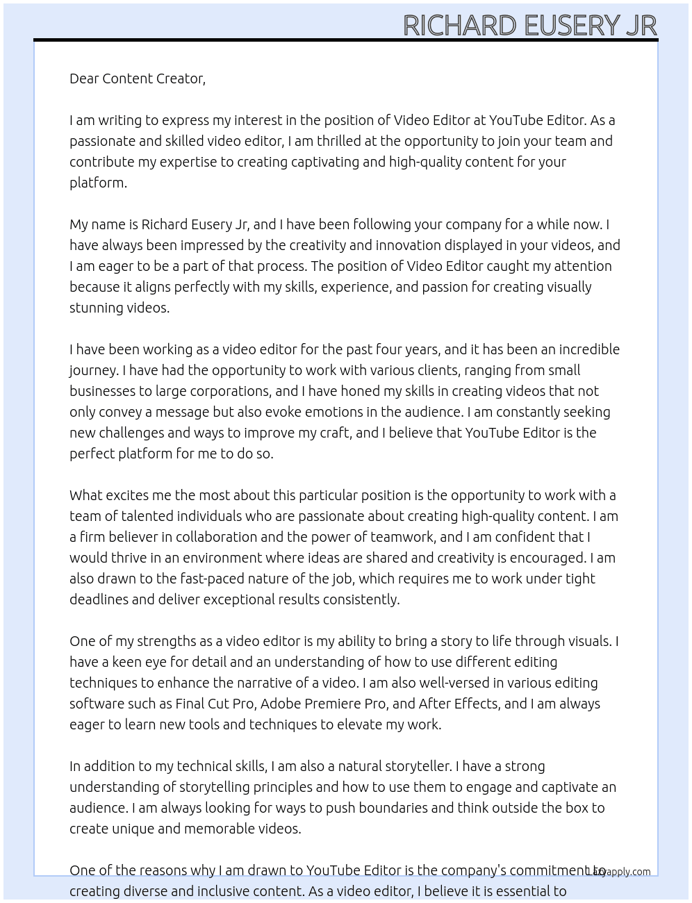 Video Editor At youtube editor Cover Letter