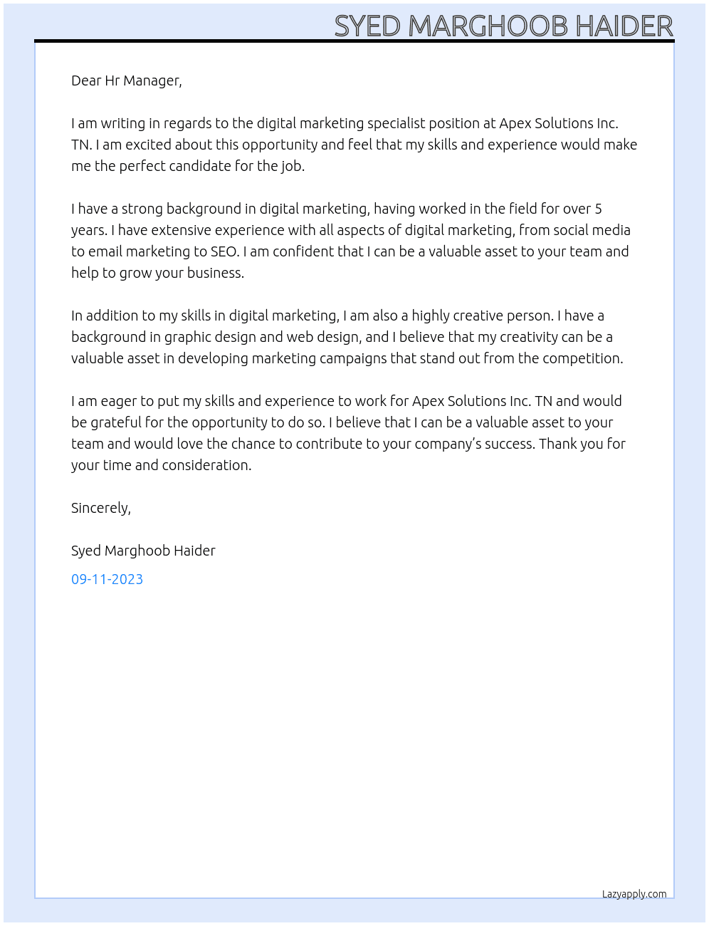 digital marketing specialist At Apex Solutions Inc. TN Cover Letter