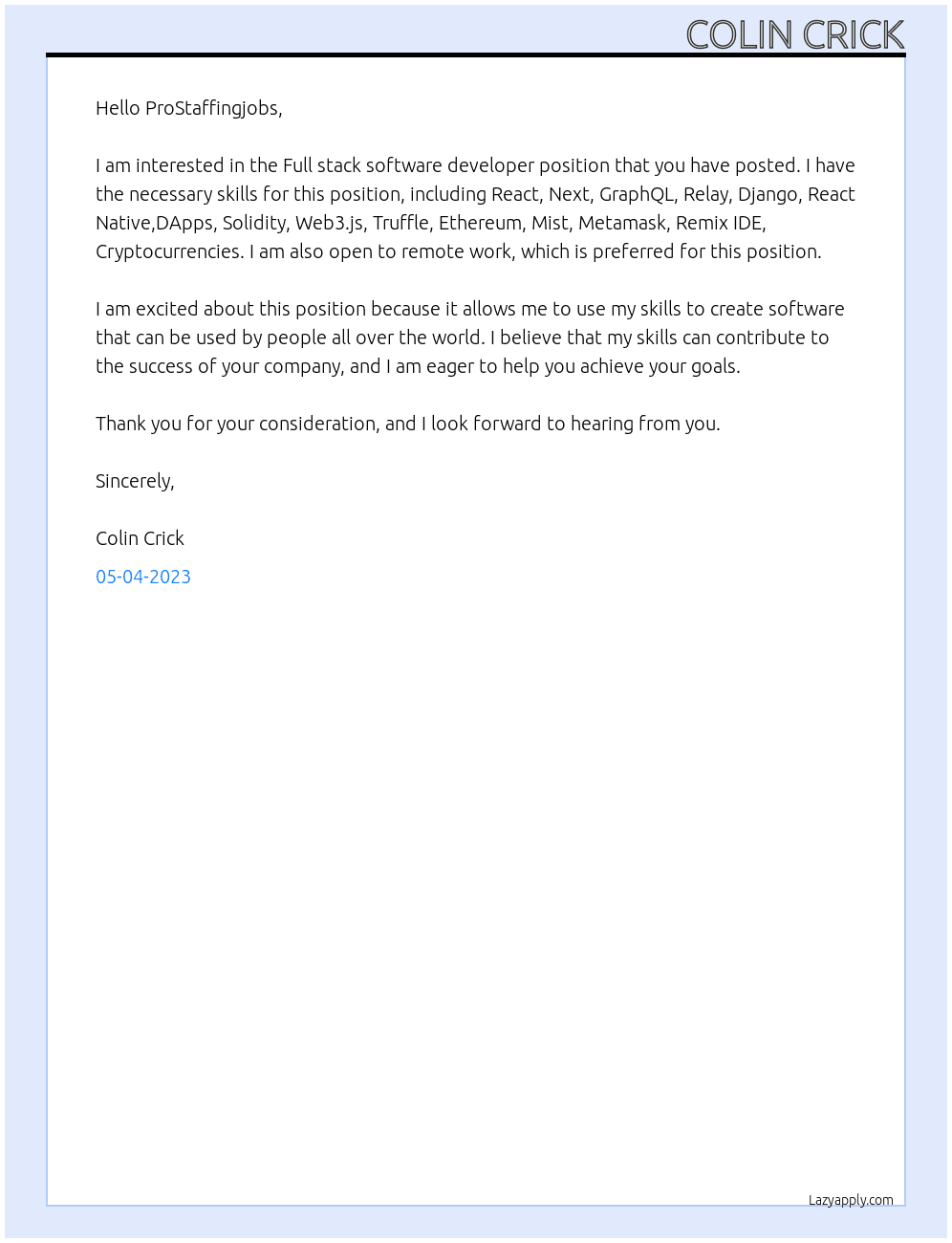 Full stack software developer At job sites Cover Letter