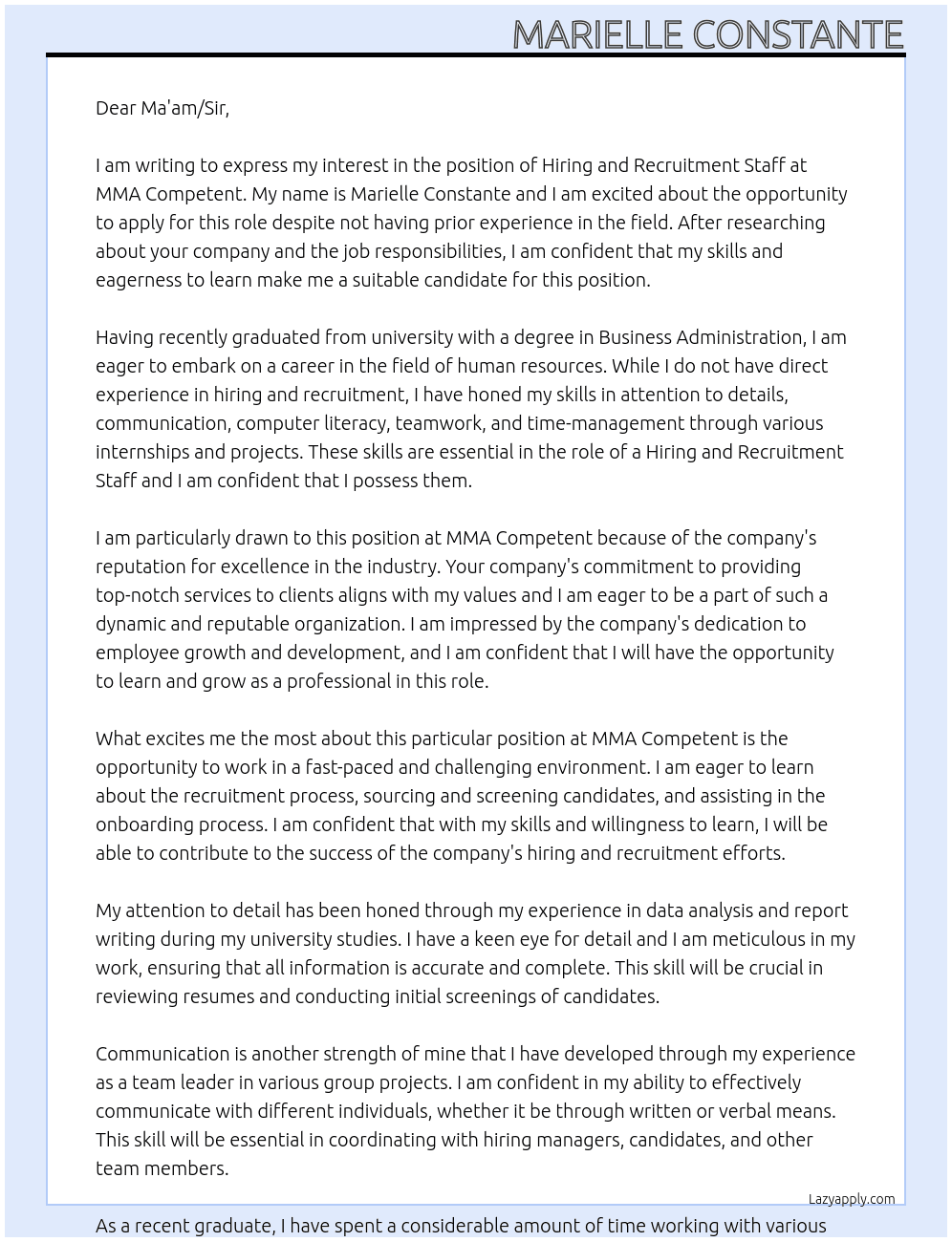 hiring and recruitment staff without prior experience At MMA Competent Cover Letter