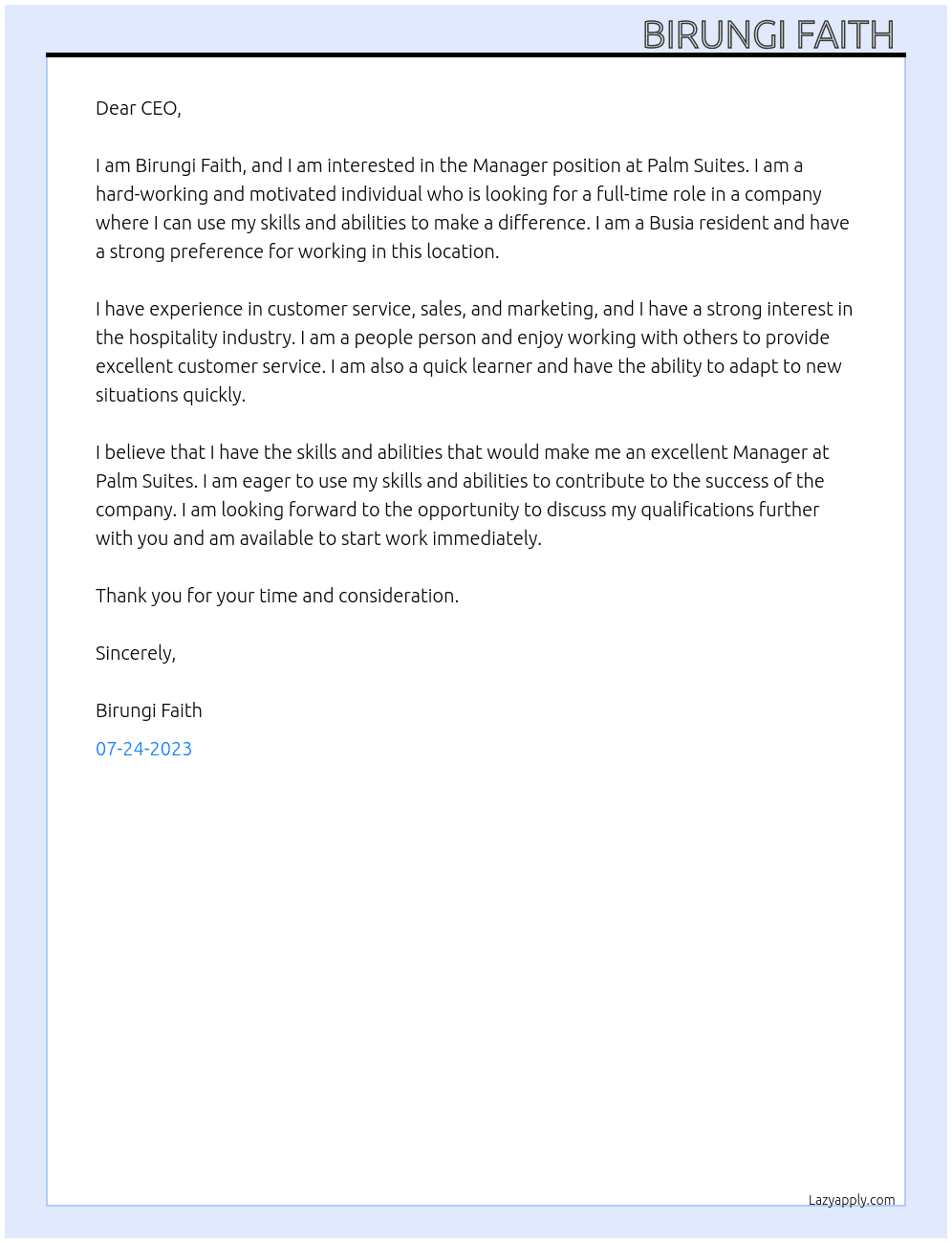 Manager At Palm suites  Cover Letter