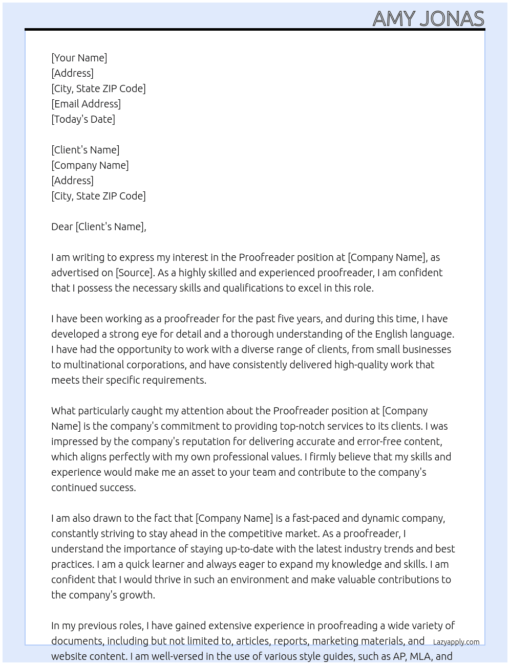 Proofreader At Client Cover Letter