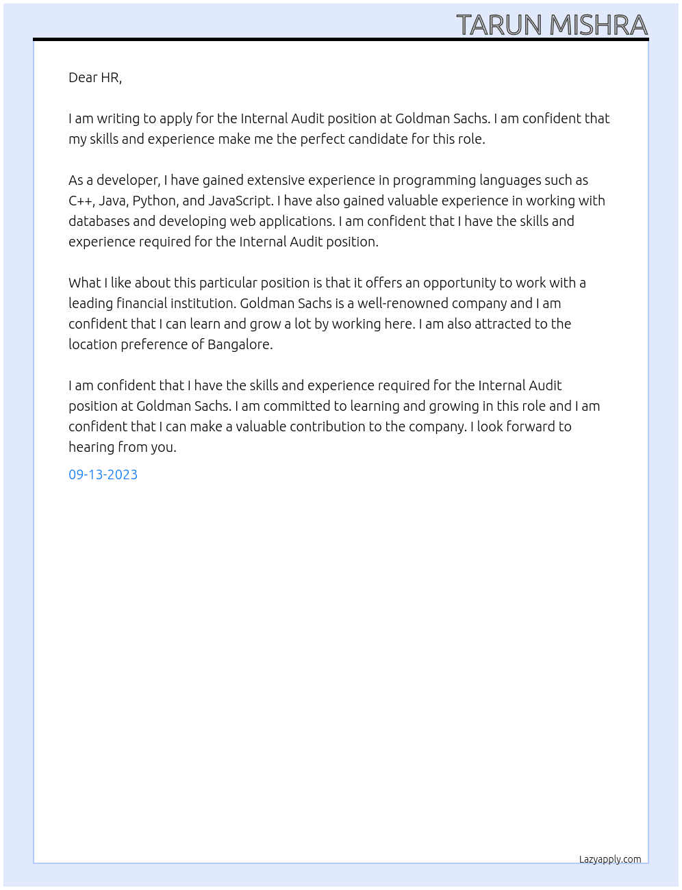 Internal Audit At Goldman Sachs Cover Letter