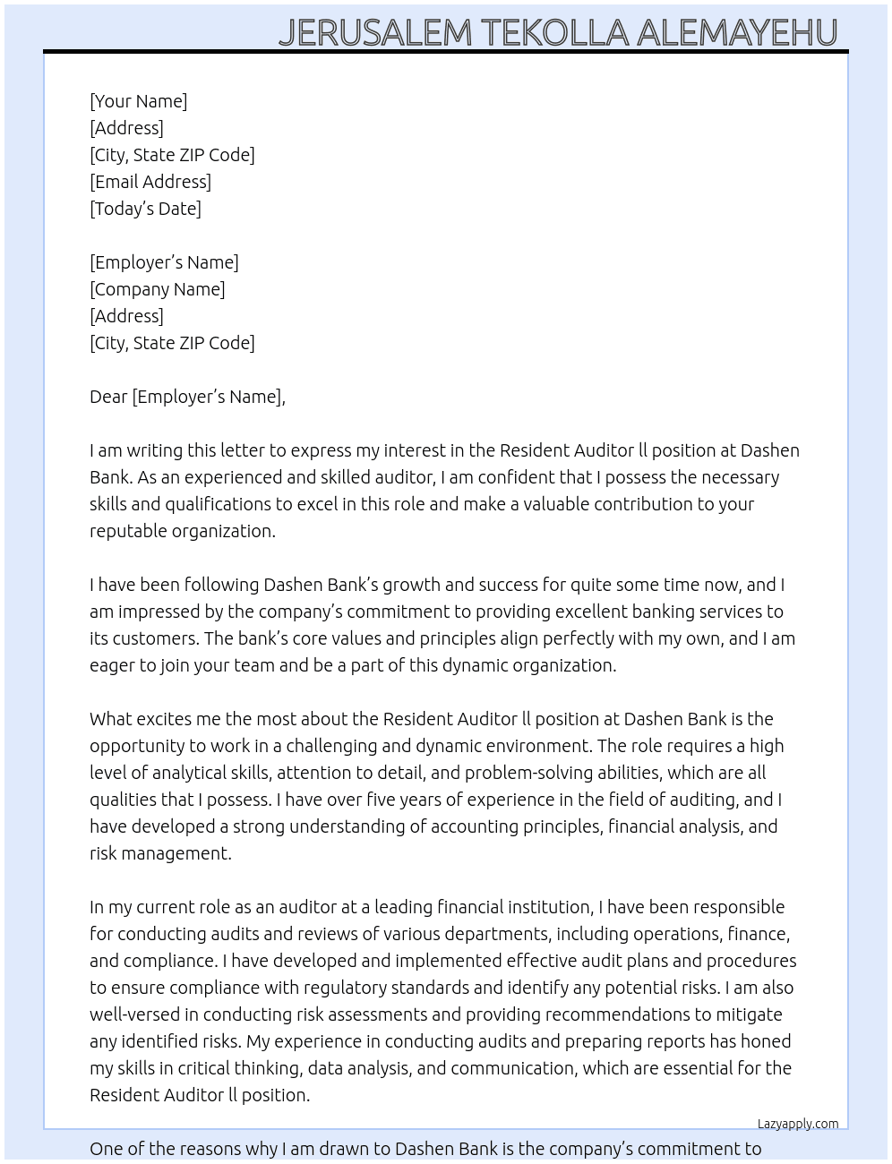 Resident Auditor ll At Dashen Bank  Cover Letter