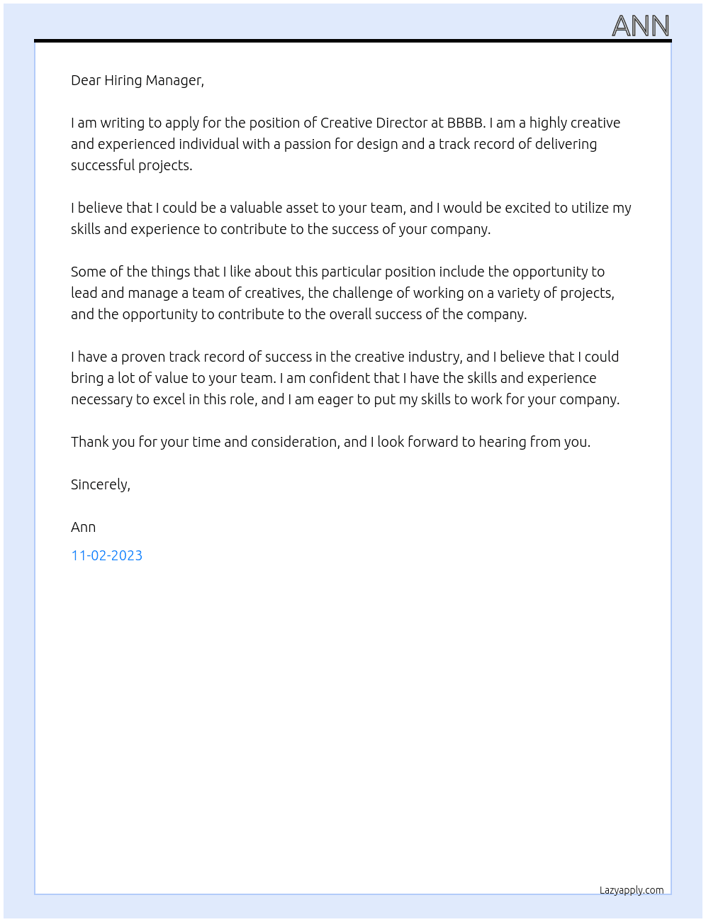 Creative director At BBBB Cover Letter