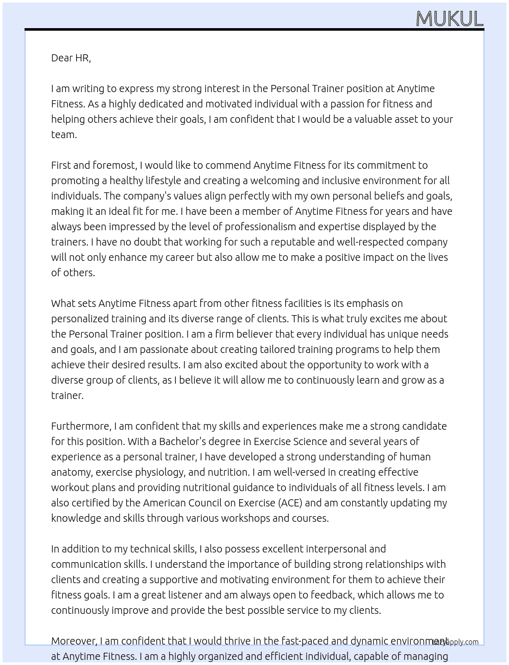 personal trainer At anytime fitness Cover Letter