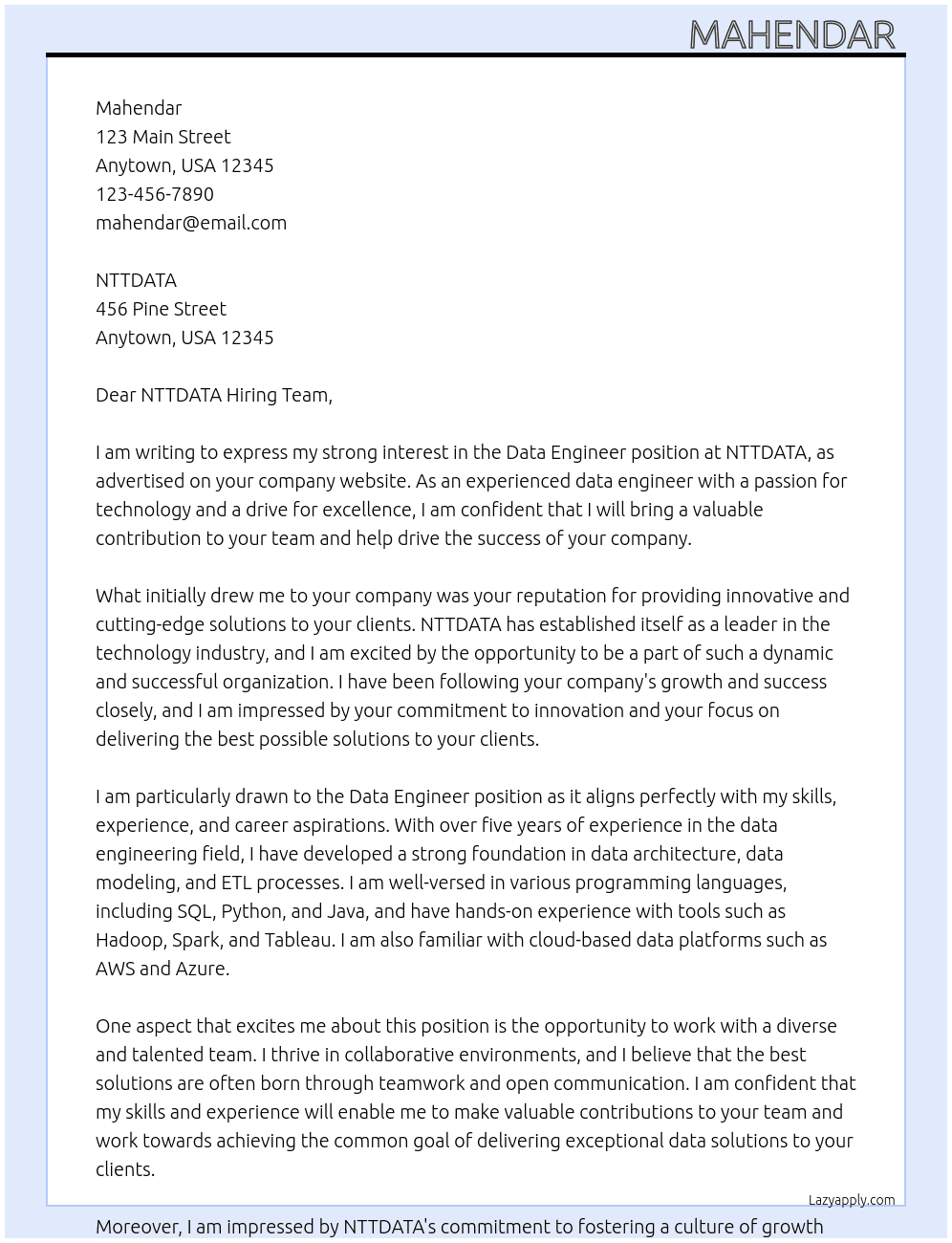 Data engineer  At NTTDATA Cover Letter