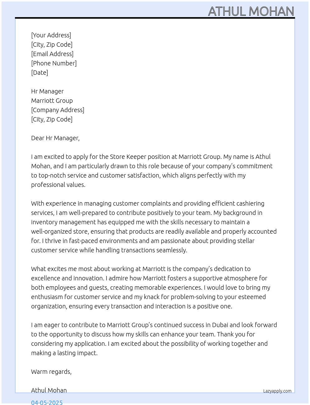 Store keeper At Marriot Group Cover Letter