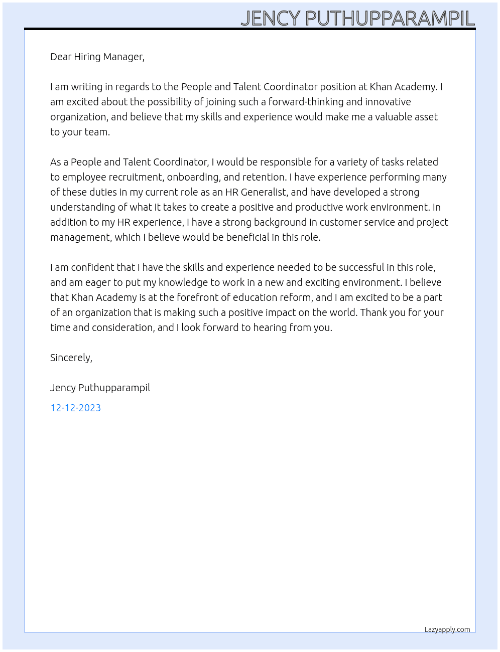 People and Talent Coordinator At Khan Academy Cover Letter