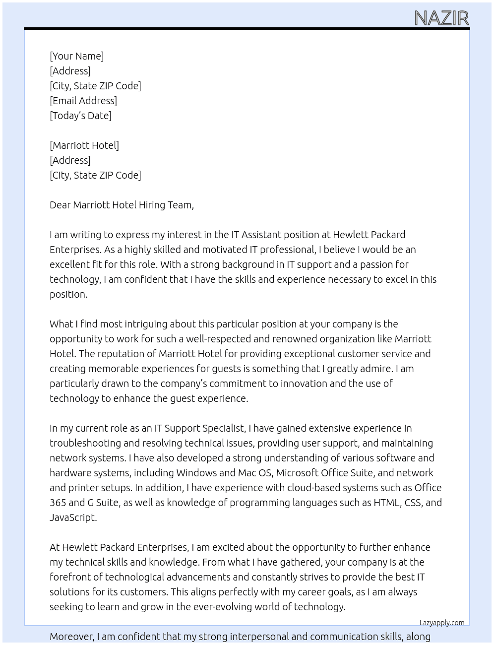 IT Assistant At hewlette Packard enterprizes Cover Letter
