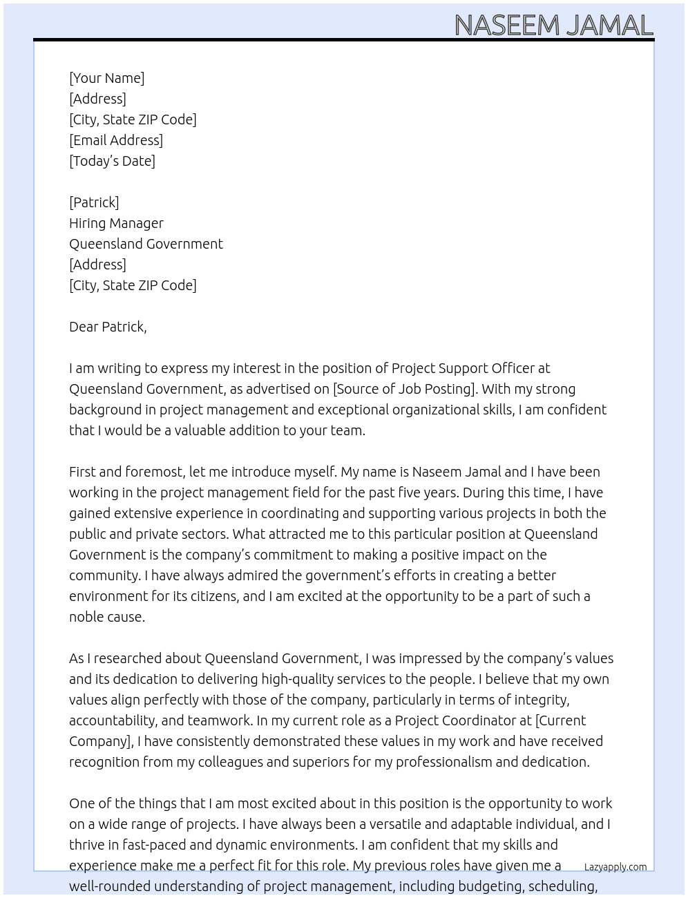 Project Support Officer At Queensland Government Cover Letter