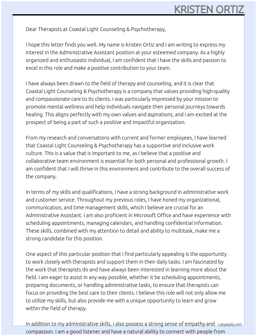 Administrative Assistant  At Coastal Light Counseling & Psychotherapy, PLLC Cover Letter
