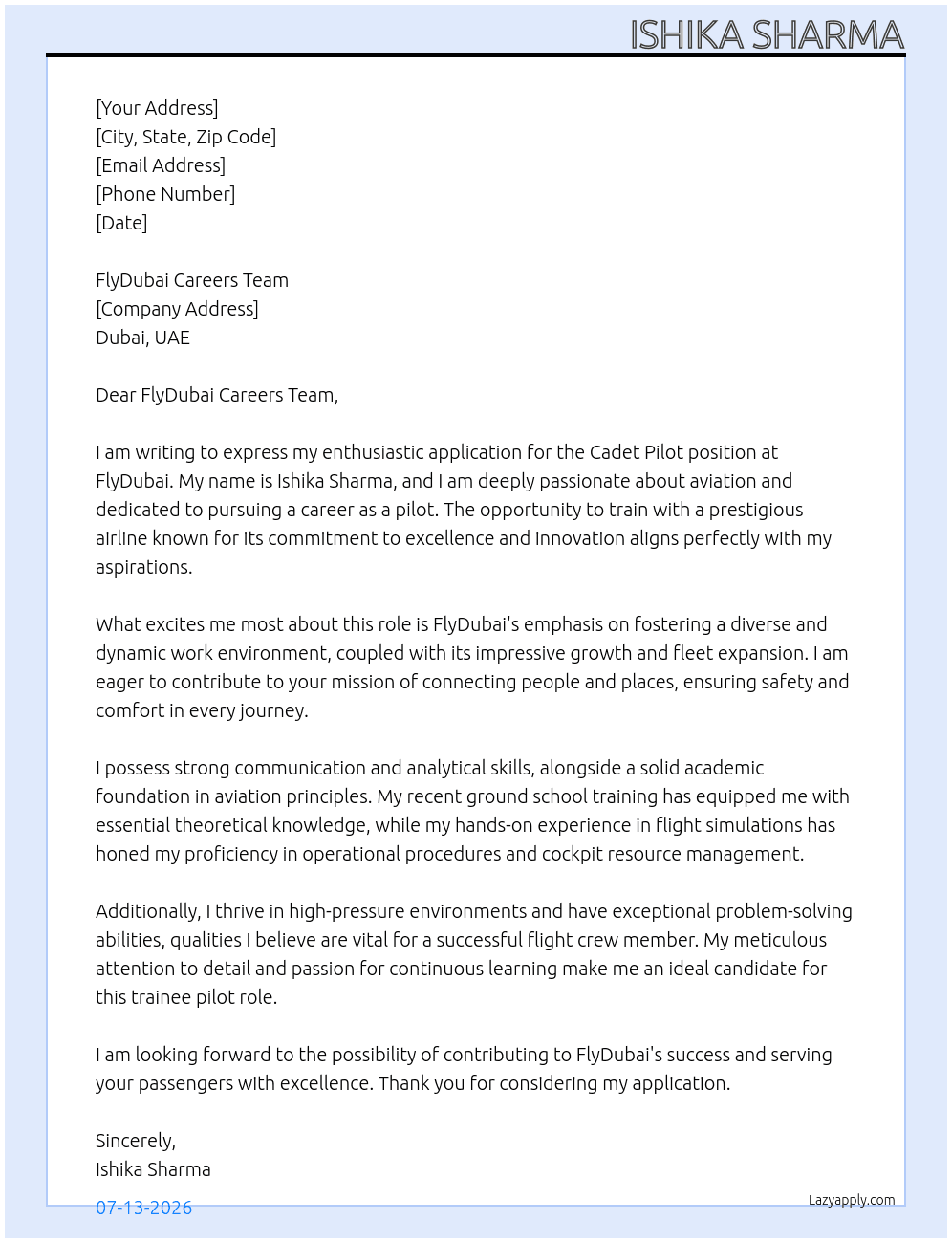 Cover letter for cadet pilot - LazyApply